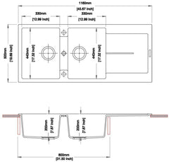 Double Bowl Topmount Sink with Drainer - Matte Black / Matte White - 1160x500mm