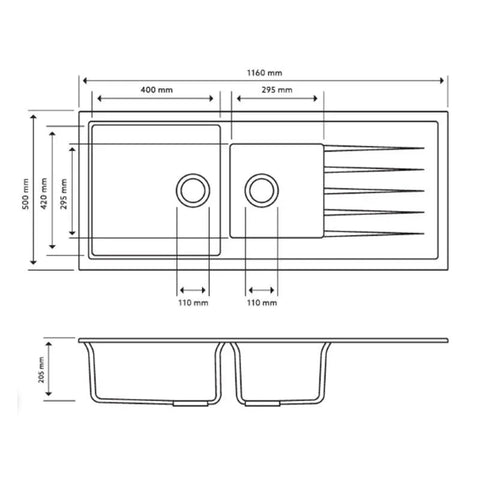 Granite Black Double Bowls Topmount Kitchen Sink 1160x500mm - Various Colours