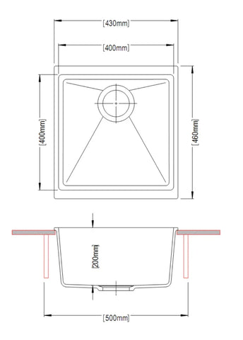Granite Black Single Bowl Undermount / Topmount Sink 430x460mm - Various Colours