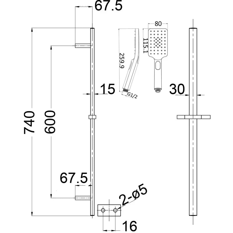 Slim Square Rail Shower - Various Colours
