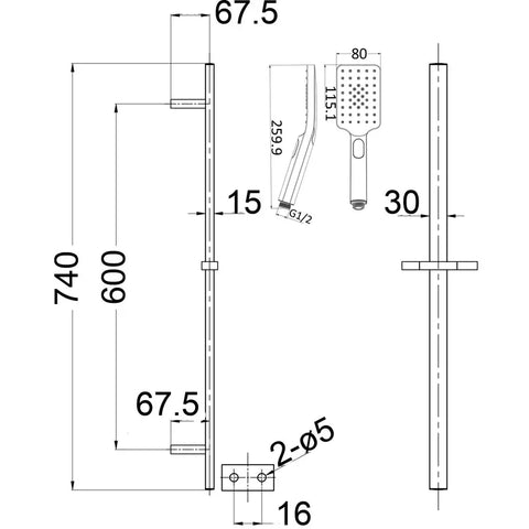 Slim Square Rail Shower - Various Colours