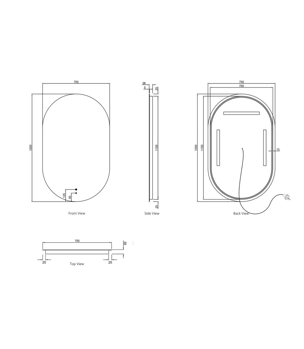 Oval LED Mirror Backlit 1200/1500/1800x750mm - Various Colors Frame
