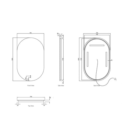 Oval LED Mirror Backlit 1200/1500/1800x750mm - Various Colors Frame