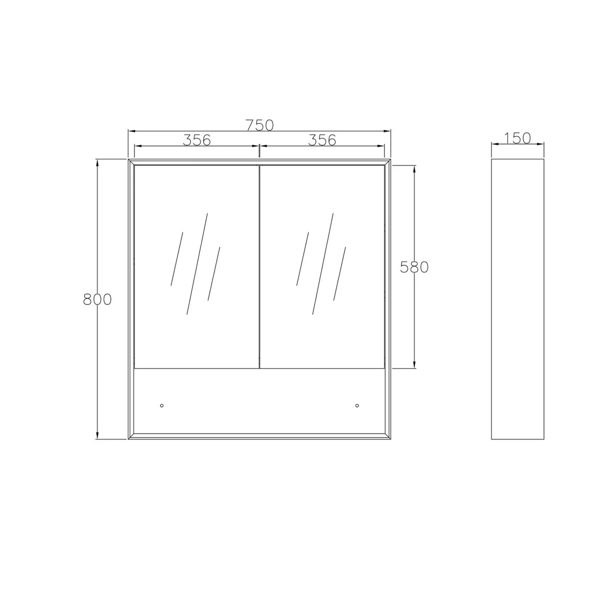 Mirror Cabinet with Open Shelf Pencil Edge - 600/750/900/1200/1500x800mm - Various Colours