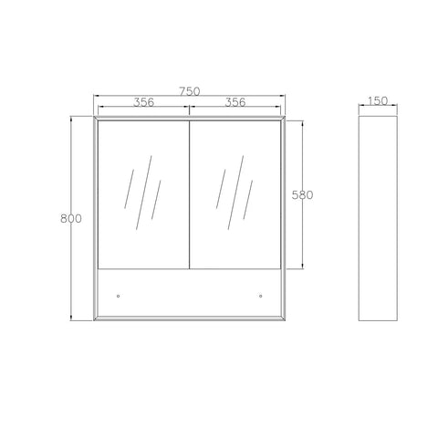 Mirror Cabinet with Open Shelf Pencil Edge - 600/750/900/1200/1500x800mm - Various Colours