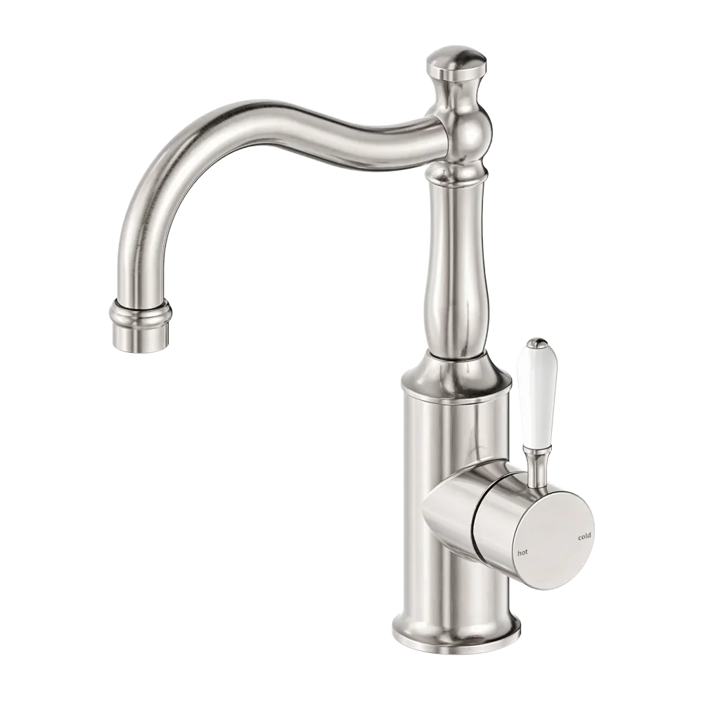 Nero Tapware BM34 York Basin Mixer Hook Spout with Metal/Porcelain Lever - Various Colours