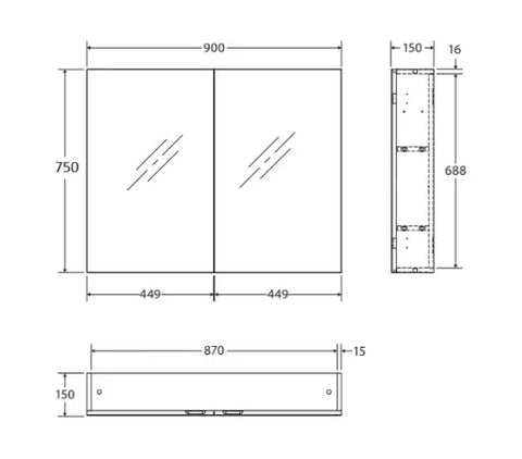 Mirror Cabinet Pencil Edge 600/750/900/1200mm - Various Colours