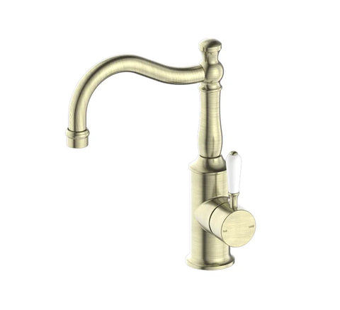 Nero Tapware BM34 York Basin Mixer Hook Spout with Metal/Porcelain Lever - Various Colours