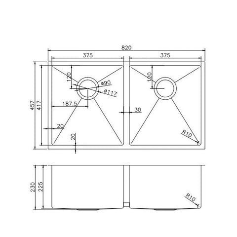 Double Bowls Sink Undermount/Top mount/Flush mount 820x457mm - Various Colours