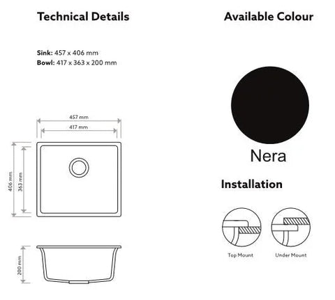 Granite Black Single Bowl Undermount / Topmount Sink 457x406mm - Various Colours