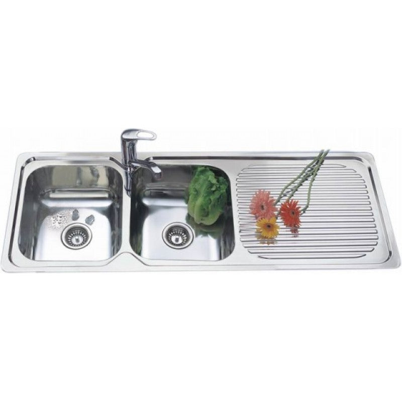 Double Bowls with Drainer Topmount Kitchen Sink 1200x500mm - Stainless Steel (Stock Clearance)