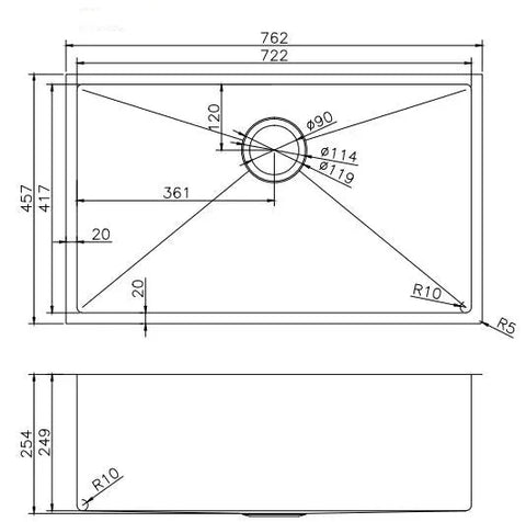 Single Bowl Sink Undermount/Topmount Stainless Sink 762x457mm - Various Colours
