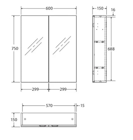 Mirror Cabinet Pencil Edge 600/750/900/1200mm - Various Colours