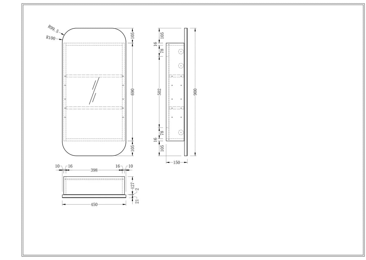 Soft Square Mirror Cabinet Pencil Edge 450x900mm - Matte White / Woodgrain