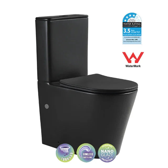 Raised Height Back To Wall Tornado Rimless Flush Nano Glazed Toilet Suite with Soft Close Seat - Various Colours (4 Star)