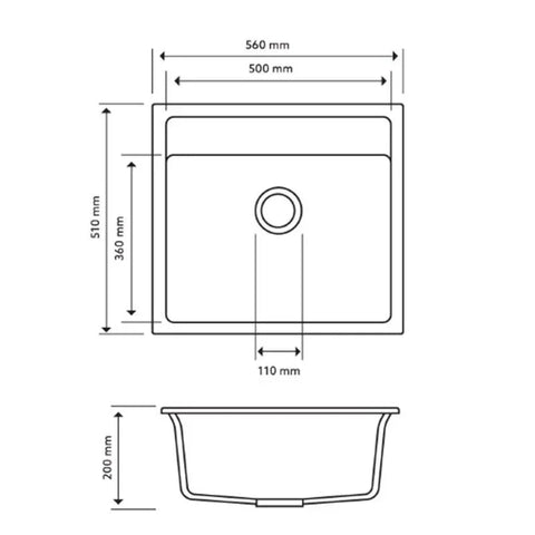 Granite Black Single Bowl Kitchen Topmount Sink 560x510mm - Various Colours