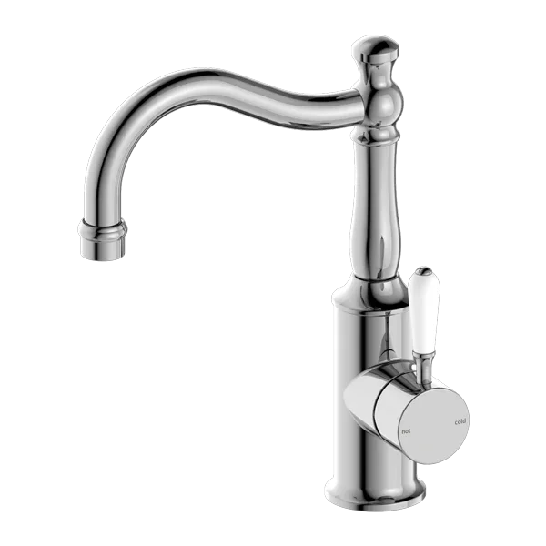 Nero Tapware BM34 York Basin Mixer Hook Spout with Metal/Porcelain Lever - Various Colours