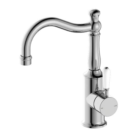Nero Tapware BM34 York Basin Mixer Hook Spout with Metal/Porcelain Lever - Various Colours