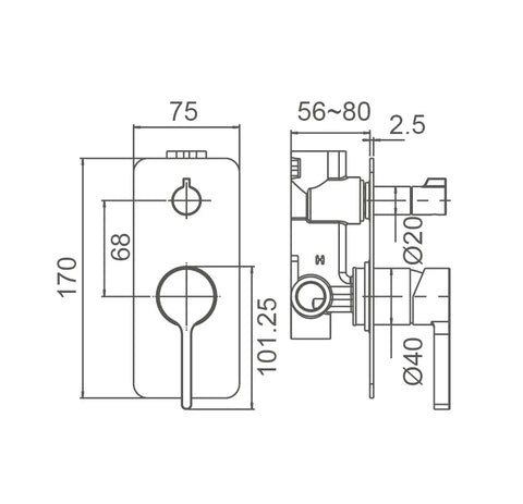 SMD19 Solid Pin Handle Shower / Bath Mixer with Diverter - Various Colours
