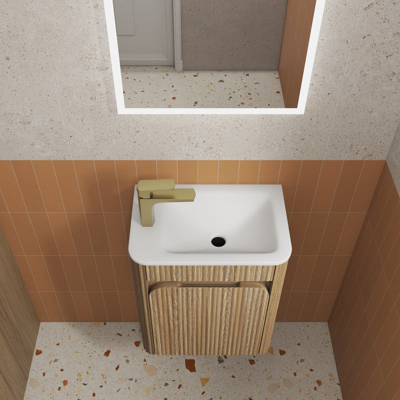BV92WH Mini Compact Wooden Oak Fluted Wall Hung Ensuite Plywood Vanity 450x295mm