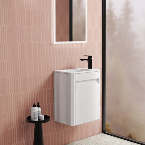 BV93WH Mini Compact Matte White Fluted Wall Hung Ensuite Plywood Vanity 450x295mm