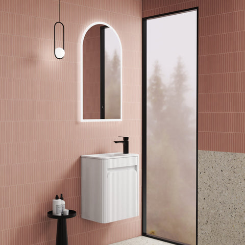 BV93WH Mini Compact Matte White Fluted Wall Hung Ensuite Plywood Vanity 450x295mm