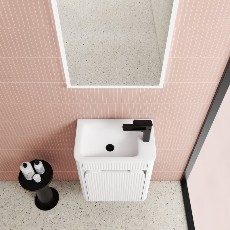 BV93WH Mini Compact Matte White Fluted Wall Hung Ensuite Plywood Vanity 450x295mm
