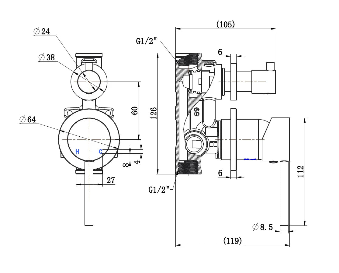 SMD02 Round Shower / Bath Mixer with Diverter (Separate Backplate) - Various Colours
