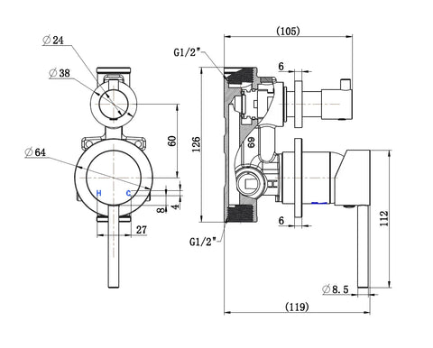 SMD02 Round Shower / Bath Mixer with Diverter (Separate Backplate) - Various Colours