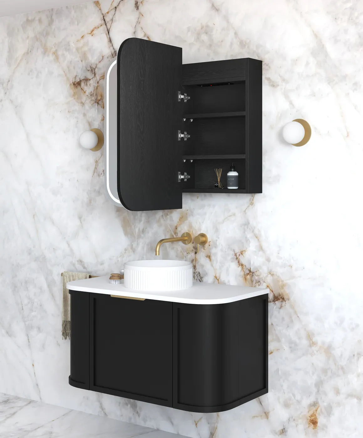 Soft Square LED Mirror Cabinet 450/900/1200/1500x750mm - Matte White / Natural Oak / Black Oak