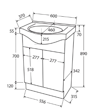 BV100 Gloss White Semi-Recessed Freestanding Vanity - 600 / 750 / 900 / 1200mm