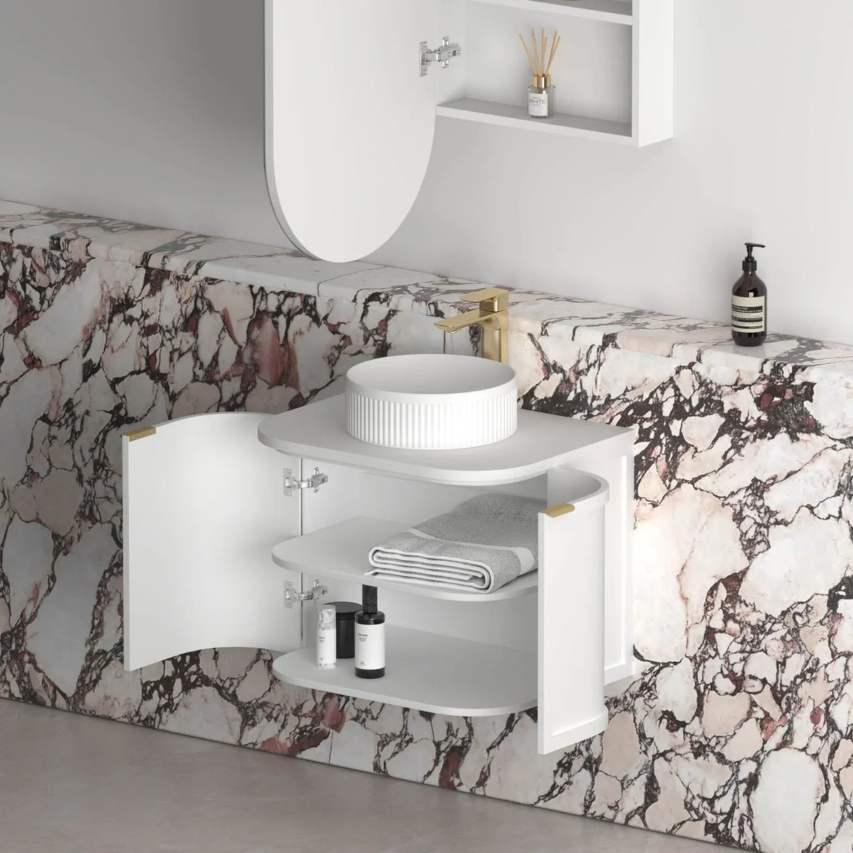BV57WH Matte White Shaker Curved Wall Hung Vanity - 600 / 750 / 900 / 1200 / 1500 / 1800mm