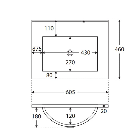 Standard - Gloss White Rectangle Bowl 465mm Depth Ceramic Vanity Top (No Tap Hole) - Various Sizes
