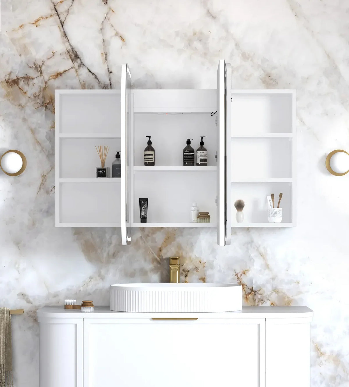 Soft Square LED Mirror Cabinet 450/900/1200/1500x750mm - Matte White / Natural Oak / Black Oak