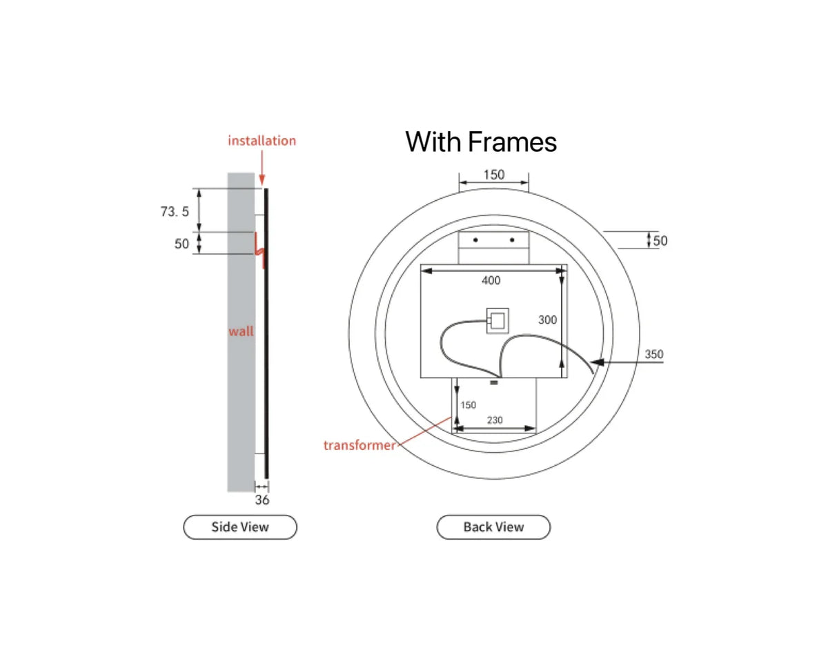 Round LED Mirror Touchless Switch with Demister 700mm / 900mm - Frameless / With Frame