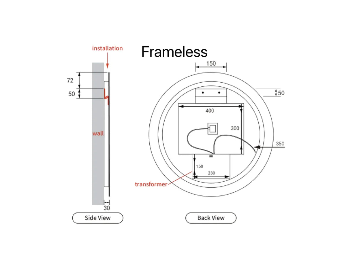 Round LED Mirror Touchless Switch with Demister 700mm / 900mm - Frameless / With Frame