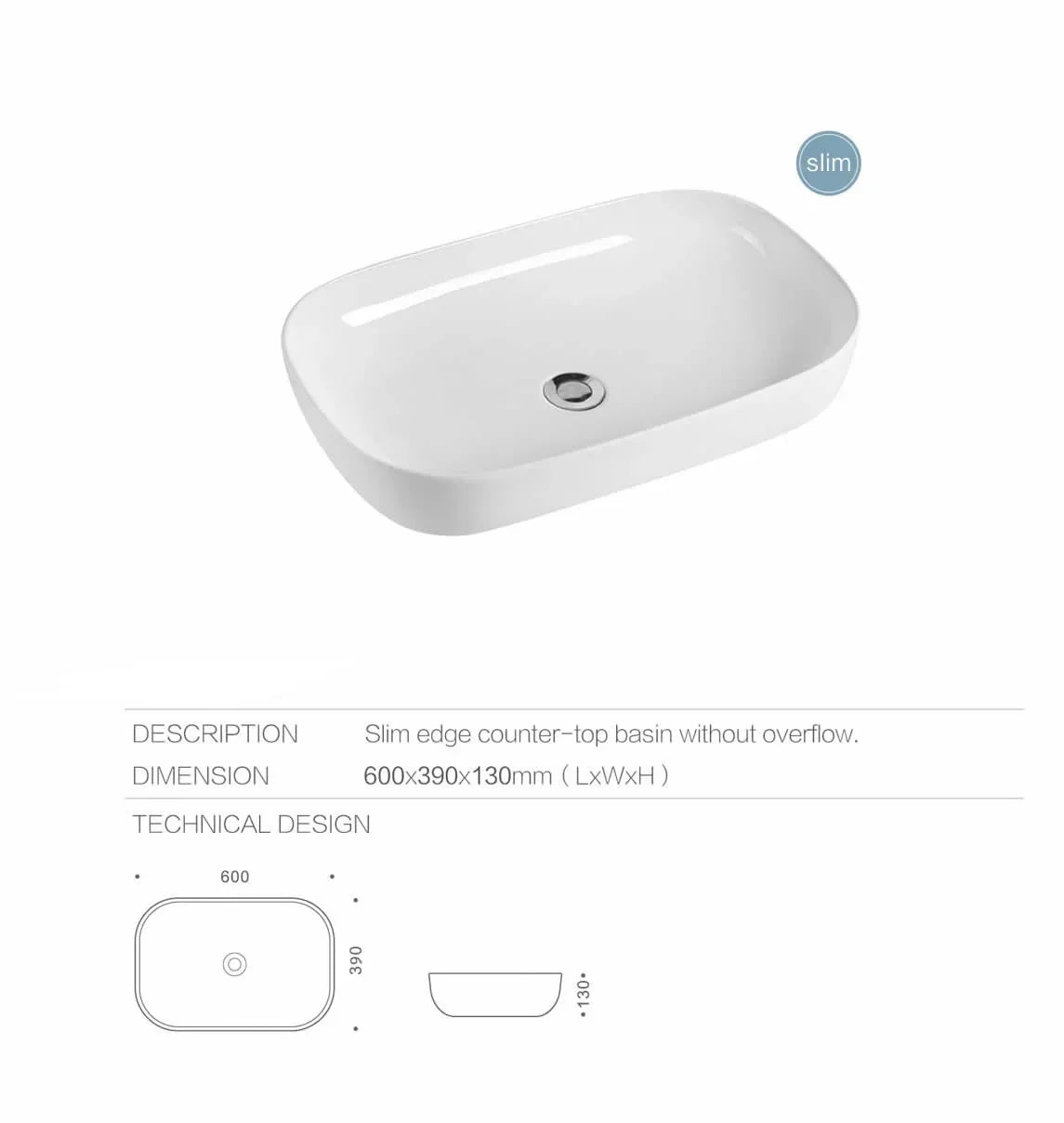 Boreal Gloss White Above Counter Ceramic Basin 600x390mm
