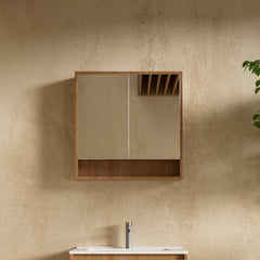 Timber Veneer Mirror Cabinet with Open Shelf Pencil Edge - 750/900/1200x750mm - Various Colours