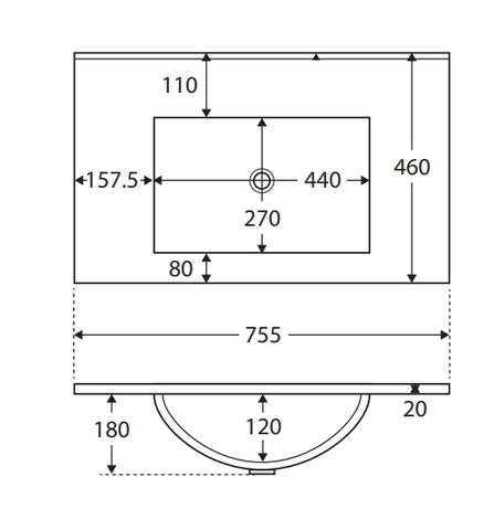 Standard - Gloss White Rectangle Bowl 465mm Depth Ceramic Vanity Top (No Tap Hole) - Various Sizes