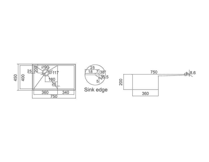 Single Bowl with Drainer Topmount/Undermount Kitchen Sink 750x450mm - Stainless Steel (Stock Clearance)