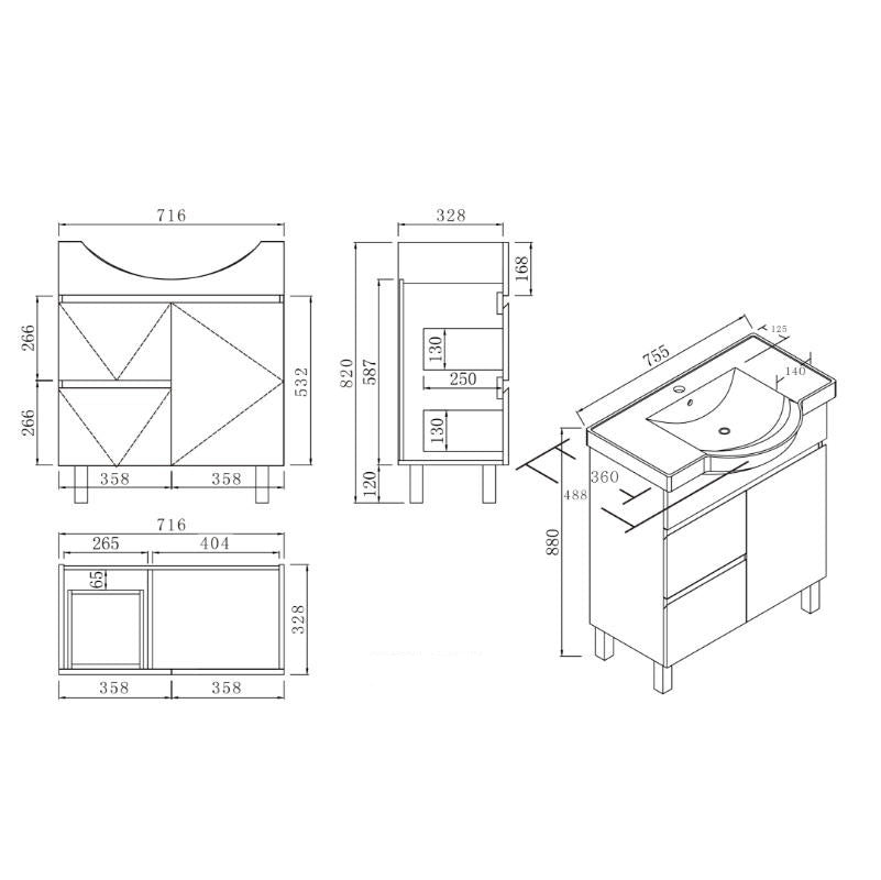 BV96 Gloss White Semi-Recessed Freestanding Vanity - 600 / 750 / 900mm