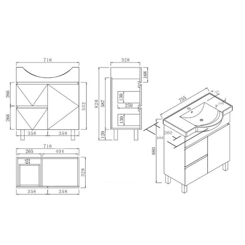BV96 Gloss White Semi-Recessed Freestanding Vanity - 600 / 750 / 900mm