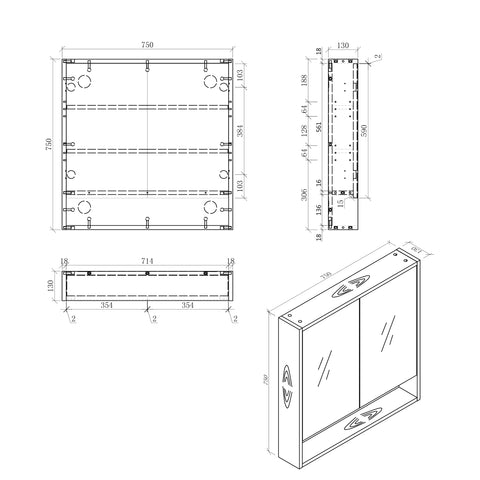 Timber Veneer Mirror Cabinet with Open Shelf Pencil Edge - 750/900/1200x750mm - Various Colours
