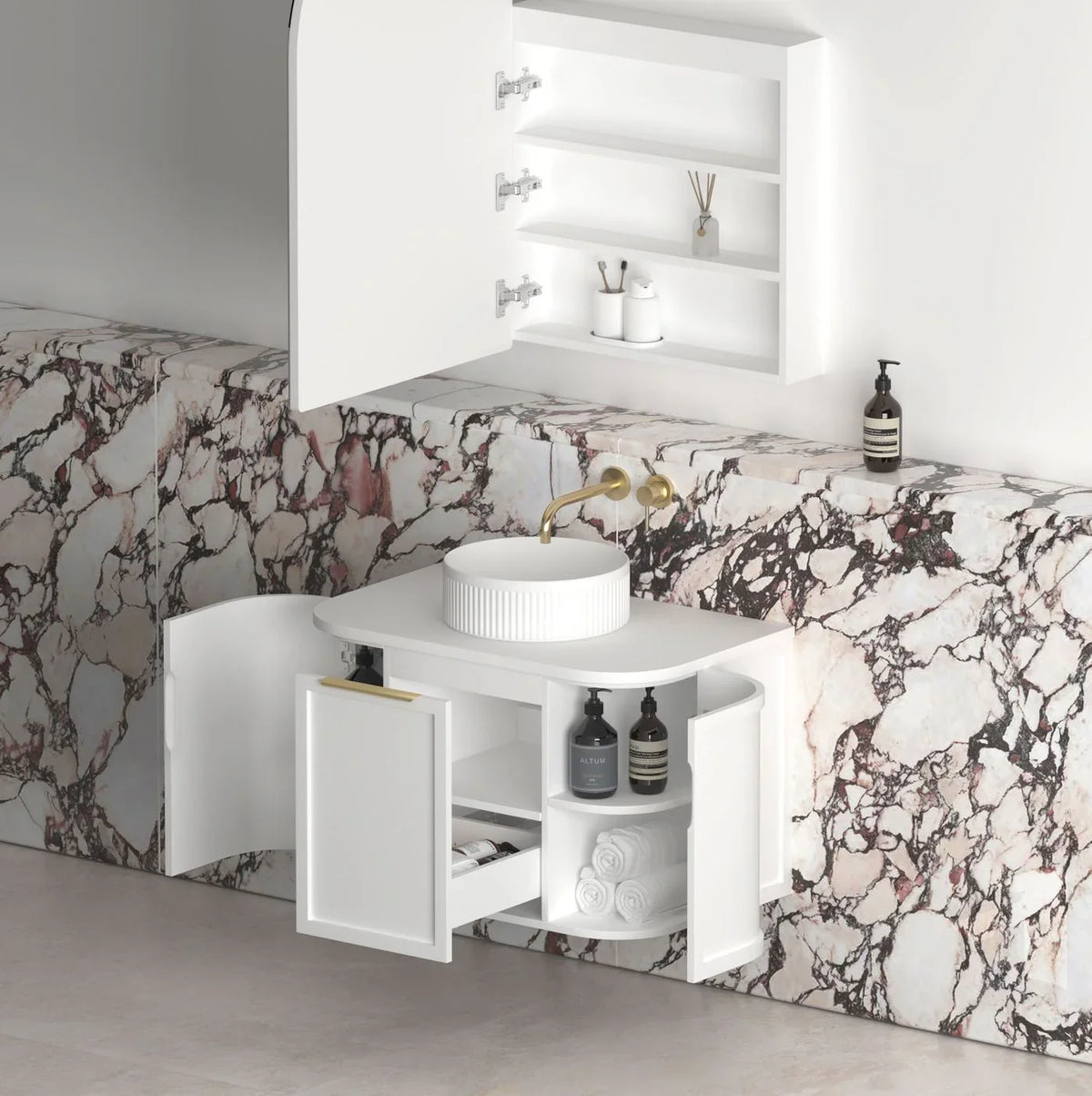 BV57WH Matte White Shaker Curved Wall Hung Vanity - 600 / 750 / 900 / 1200 / 1500 / 1800mm