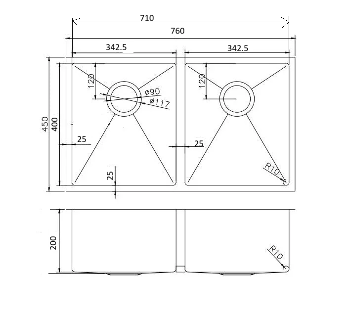 Builder Range Double Bowls Kitchen Sink Undermount/Top mount/Flush mount 760x450mm