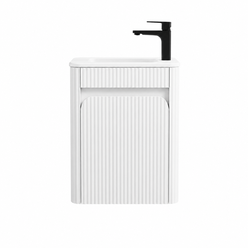 BV93WH Mini Compact Matte White Fluted Wall Hung Ensuite Plywood Vanity 450x295mm