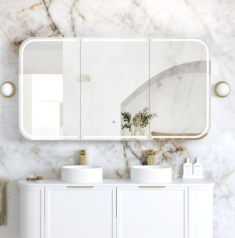 Soft Square LED Mirror Cabinet 450/900/1200/1500x750mm - Matte White / Natural Oak / Black Oak