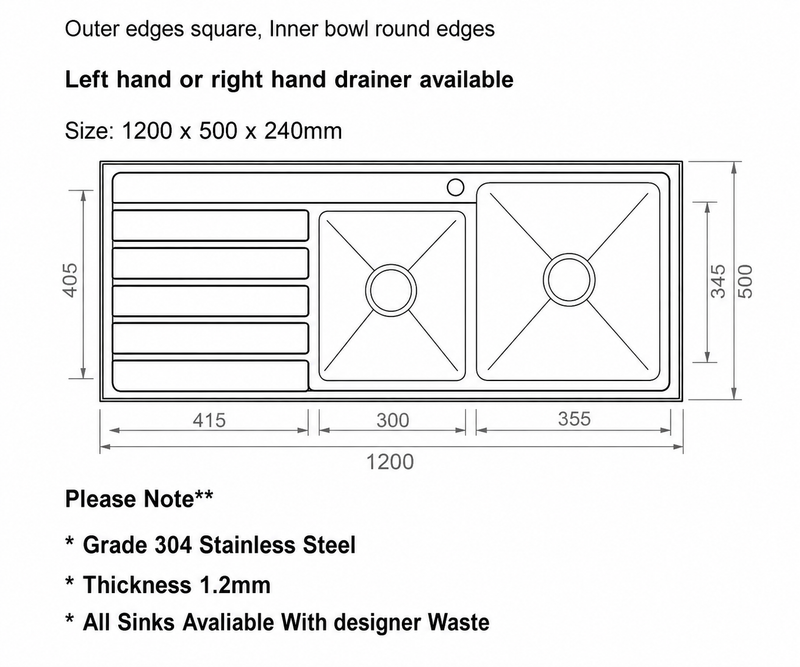 Double Bowls Sink with Drainer Topmount - 1200x500mm - Right Hand Bowls