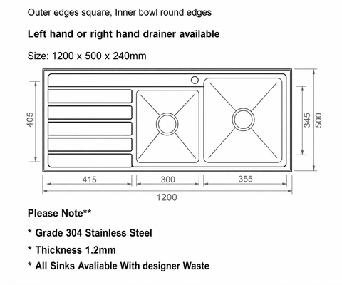 Double Bowls Sink with Drainer Topmount - 1200x500mm - Right Hand Bowls