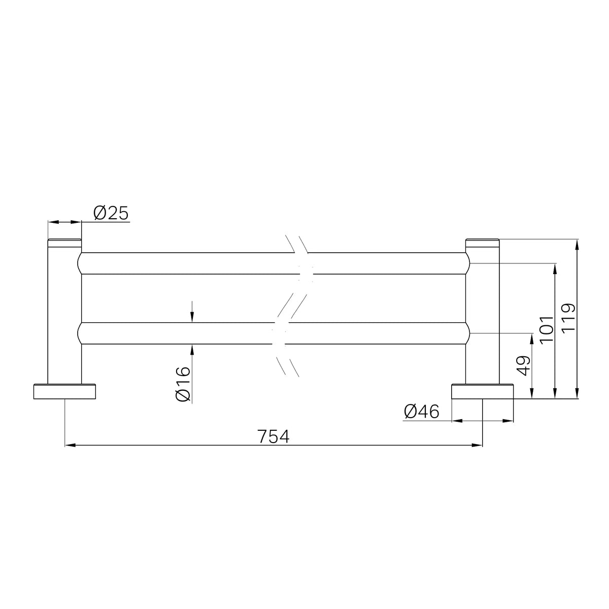 Dolce Round Double Towel Rail 600 / 750 / 800 / 900mm - Various Colours